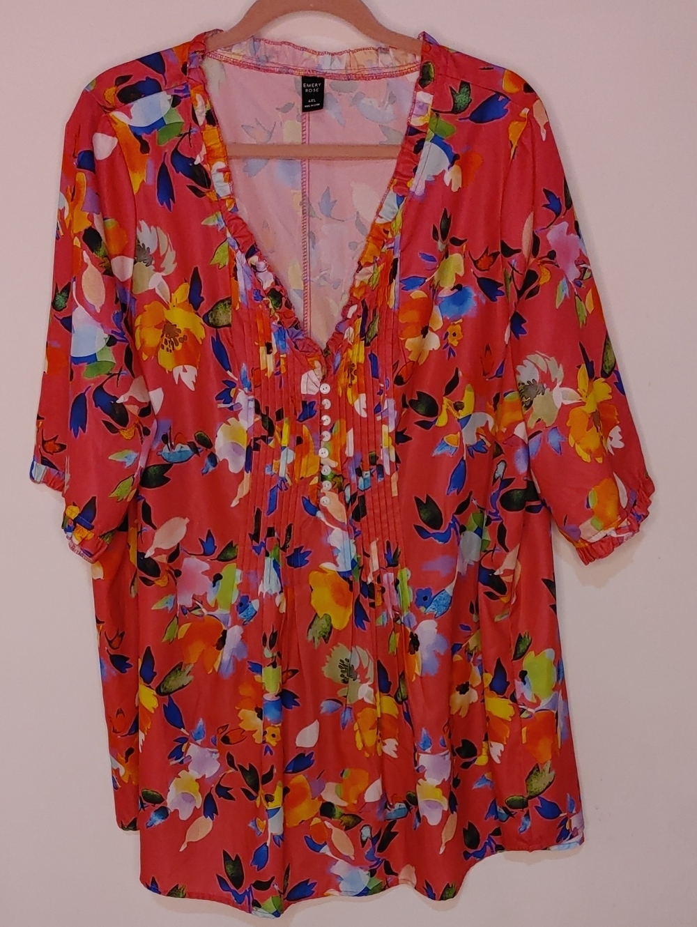 Emery Rose Pink Floral V-Neck Tunic Blouse Mini Dress